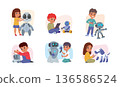 Kid robots. Computer technology invention, school child project with science toy, cute boy repair, future innovation development. Children education. Vector cartoon flat isolated set 136586524