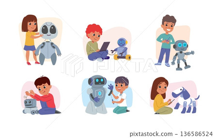 Kid robots. Computer technology invention, school child project with science toy, cute boy repair, future innovation development. Children education. Vector cartoon flat isolated set 136586524
