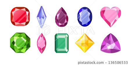 Gem stone. Game diamond, gold pearl heart gemstone or cute style ruby and sapphire. Fairytale jewelry tiara bright. Different forms luxury premium treasures. Vector isolated illustration 136586533