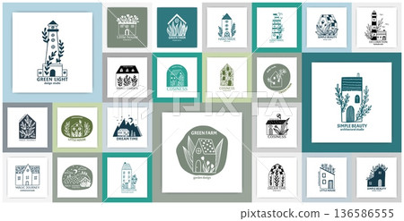 Hand drawn home logo. Lighthouse and cottage building. Green farm. Cozy house with tree leaves. Plant twigs. Real estate. Simple architecture doodle flat sketch. Vector square cards set 136586555