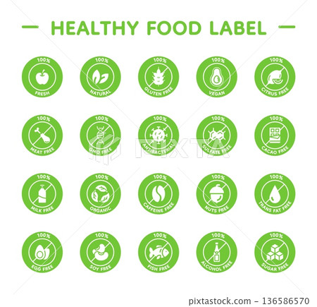 Vegan icons. Vegetarian gluten, lactose or sugar free stickers, from allergy to healthy food label. Safety standards, conveying ingredient exclusions soy, nut or egg. Vector pictogram Vegan icons. Vegetarian gluten, lactose or sugar free stickers, from allergy to healthy food label. Safety standards, conveying ingredient exclusions soy, nut or egg. Vector pictogram 136586570
