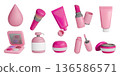 3d makeup icons. Beauty lipstick, skincare product as sponge brush and eyeshadow palette. Pump and jars for lotion and foundation, pink cream fashion glossy render. Vector cute isolated set 136586571