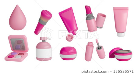 3d makeup icons. Beauty lipstick, skincare product as sponge brush and eyeshadow palette. Pump and jars for lotion and foundation, pink cream fashion glossy render. Vector cute isolated set 136586571