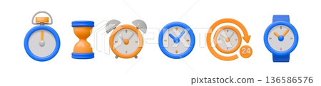 3D clock. Time countdown. Sand watch. Hourglass or stopwatch. Color timer. Digital wristwatch. 24 hour reminder. Minute counting. Sandglass and timepiece dial. Vector render icons set 136586576