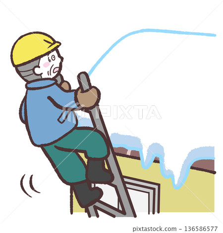 Illustration of a senior man whose ladder collapses while he is removing snow Illustration of a senior man whose ladder collapses while he is removing snow 136586577