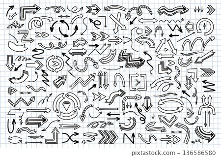 Cartoon arrows. Hand drawn color sign set, quirky circle hand drawn sketch or pencil sketchy black line. Navigation and movement, presentation organization. Vector clip art isolated collection Cartoon arrows. Hand drawn color sign set, quirky circle hand drawn sketch or pencil sketchy black line. Navigation and movement, presentation organization. Vector clip art isolated collection 136586580
