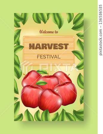 3d apples. Harvest festival flyer. Ripe fruits. Tree leaves. Wooden welcome board. Autumn traditional holiday invitation. Orchard natural crop. Seasonal event. Vector banner design 3d apples. Harvest festival flyer. Ripe fruits. Tree leaves. Wooden welcome board. Autumn traditional holiday invitation. Orchard natural crop. Seasonal event. Vector banner design 136586585