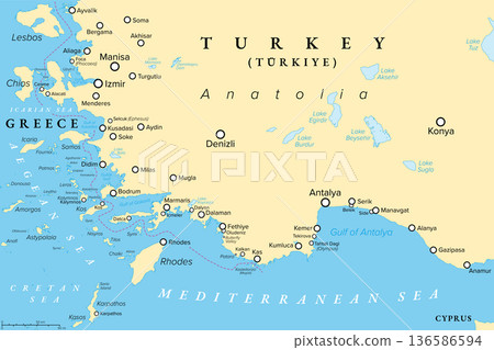 Turkish Riviera, a region in southwest Turkey, political map. Also known as Turquoise Coast, located along the Mediterranean and Aegean coasts. With Greek island group Dodecanese on the left. Vector 136586594