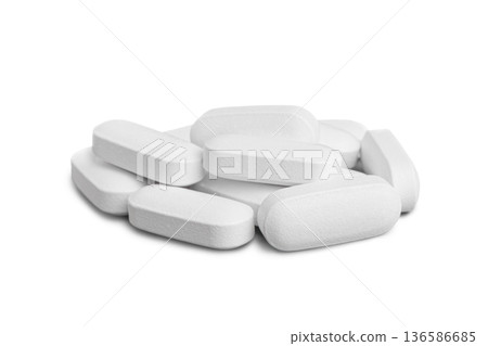 Pile of white tablets, medicine pill capsules, supplement, vitamin isolated on white background Pile of white tablets, medicine pill capsules, supplement, vitamin isolated on white background 136586685