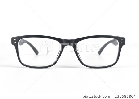 Front view of black glasses isolated on white background Front view of black glasses isolated on white background 136586804
