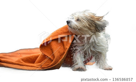 Cute bathed havanese puppy dog wrapped in an orange towel 136586857