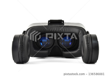 close-up virtual reality headset with integrated headphones, 136586881