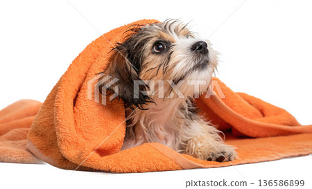 Cute bathed havanes puppy dog wrapped in an orange towel Cute bathed havanes puppy dog wrapped in an orange towel 136586899