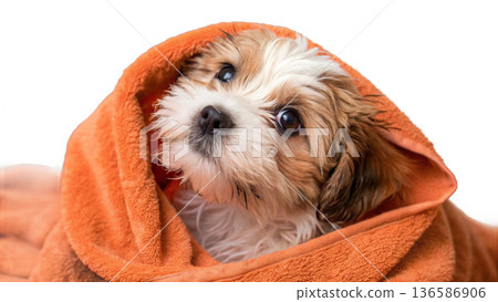 Cute bathed havanes puppy dog wrapped in an orange towel 136586906
