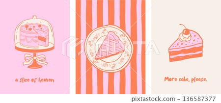 Retro pastry shop and bakery label set. Vintage illustrations of cakes and sweets for cafe logos and 136587377