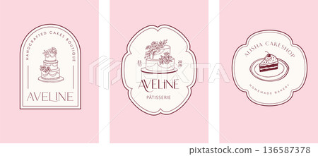 Retro pastry shop and bakery label set. Vintage illustrations of cakes and sweets for cafe logos and 136587378