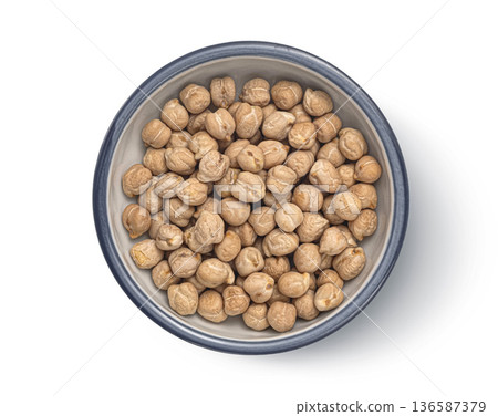 Chickpeas isolated on white background, wooden bowl top view, full depth of field 136587379