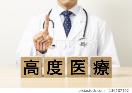 A block with the words "Advanced Medical Care" and a doctor A block with the words "Advanced Medical Care" and a doctor 136587392