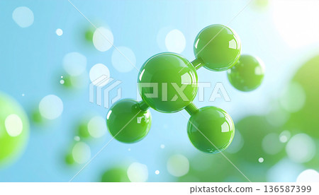 Green molecular image beauty ingredient concept background CICA, Centella asiatica extract, skin care research, transparent 3D sphere 136587399