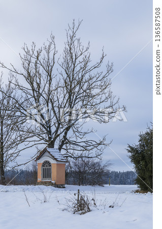 Chapel in winter landscape near Horni Plana, Czechia 136587508