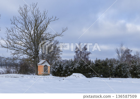 Roadside chapel and bare tree in snowy Horni Plana Roadside chapel and bare tree in snowy Horni Plana 136587509