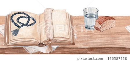 Open Bible with rosary beads, bread, glass of water on rustic wooden table watercolor illustration isolated on white. Ideal for church materials, Lent publications, devotional content, religious Open Bible with rosary beads, bread, glass of water on rustic wooden table watercolor illustration isolated on white. Ideal for church materials, Lent publications, devotional content, religious 136587558