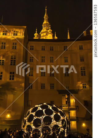 Prague Signal Festival illuminating city building and light sculpture at night Prague Signal Festival illuminating city building and light sculpture at night 136587593