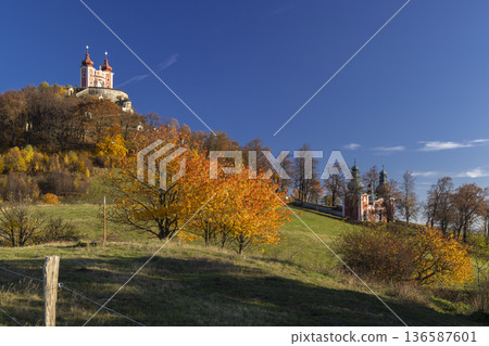 Calvary Banska Stiavnica complex and autumn foliage in Slovakia 136587601
