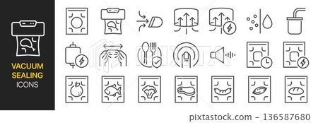 Vacuum Sealing icon set. It included sealer, food preservation, method, package, and more icons. Editable Vector Stroke. Vacuum Sealing icon set. It included sealer, food preservation, method, package, and more icons. Editable Vector Stroke. 136587680