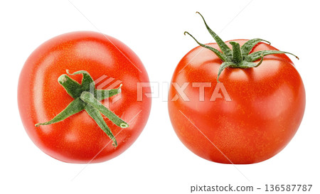 Two fresh red tomatoes with green stems isolated on white background. Two fresh red tomatoes with green stems isolated on white background. 136587787
