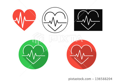 Heart Beat Pulse Icon Set With ECG Line, Medical Cardio Logos And Flat Design Variations 136588204