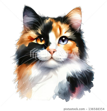 Calico cat with heterochromia eyes looking curious and calm 136588354