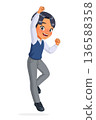 Young Asian school boy jumping with one hand in the air. Cartoon vector illustration. 136588358