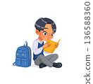 Little Asian school boy reading book sitting on the floor. Cartoon vector illustration. 136588360