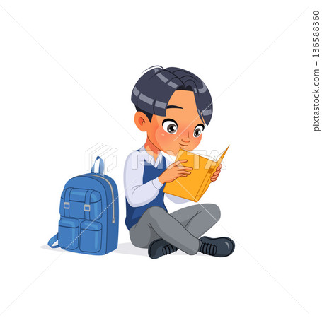 Little Asian school boy reading book sitting on the floor. Cartoon vector illustration. Little Asian school boy reading book sitting on the floor. Cartoon vector illustration. 136588360
