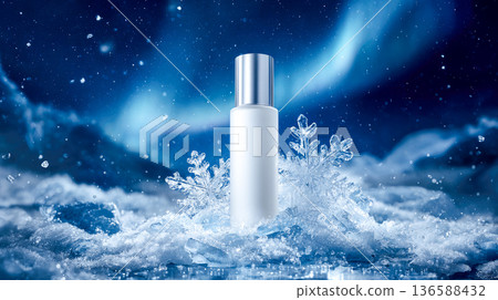 White cosmetic bottle on snow, promotes winter skincare products for dry and cold weather. White cosmetic bottle on snow, promotes winter skincare products for dry and cold weather. 136588432