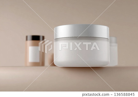 Minimalist cosmetic jars with blank labels against a neutral background. 136588845