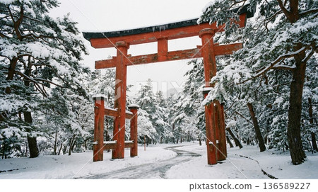 一幅充滿神秘氣息的日本冬季景象，銀色的燈光閃爍，朱紅色的鳥居巍然聳立。 136589227
