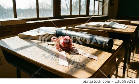 Light by the window and nostalgic memories: a classroom after school that decorated graduation ceremonies in the 1990s 136589281
