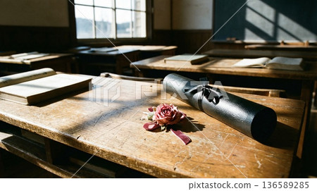 一間充滿懷舊氣息的教室，柔和的燈光灑在桌面上，桌上擺放著畢業證書和鮮花。 136589285