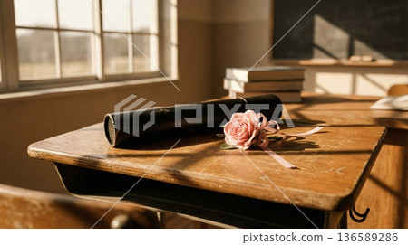 放學後，夕陽西下，陽光灑進教室，畢業的回憶和希望留在了課桌上。 136589286