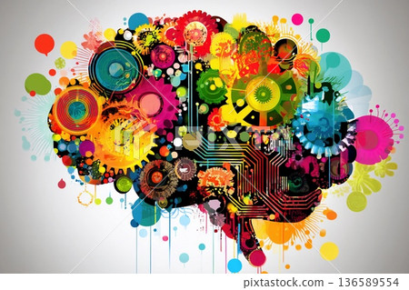 Colorful brain made of gears and circuits representing artificial intelligence ideas Generative AI 136589554
