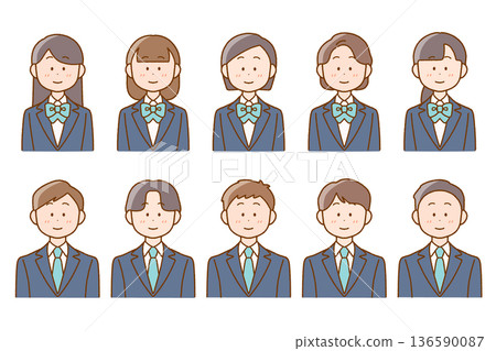 包含10名高中男生和女生的插畫集 | 上半身圖標 136590087