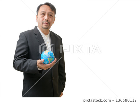 Businessman Holding Globe on White Background 136590112
