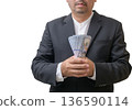 Businessman Holding Cash Money on White Background 136590114