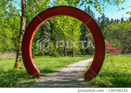 Kranzberg , Germany - May 01, 2025: Asia garden in the World Forest, Weltwald in Freising, Bavaria, Germany. Kranzberg , Germany - May 01, 2025: Asia garden in the World Forest, Weltwald in Freising, Bavaria, Germany. 136590185