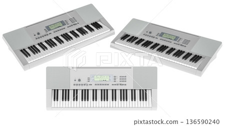 Electronic keyboard piano in three views set. 3D rendering 136590240
