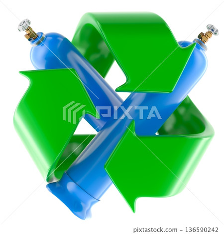 Gas cylinders with recycling symbol, reuse and safe disposal concept, 3D rendering Gas cylinders with recycling symbol, reuse and safe disposal concept, 3D rendering 136590242