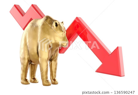 Bear market concept with golden bear and down arrow. Stock market decline and bearish trend, concept. 3D rendering Bear market concept with golden bear and down arrow. Stock market decline and bearish trend, concept. 3D rendering 136590247