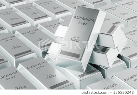 Aluminum ingots bars stacked, metal ingots background. 3D rendering 136590248